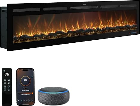 72" Electric Fireplace, Recessed/Wall, WiFi App, Alexa, 13 Colors | Mix 13 flame colors with 13 ember-bed colors for 169 unique looks, plus adjustable brightness and crackling sound.