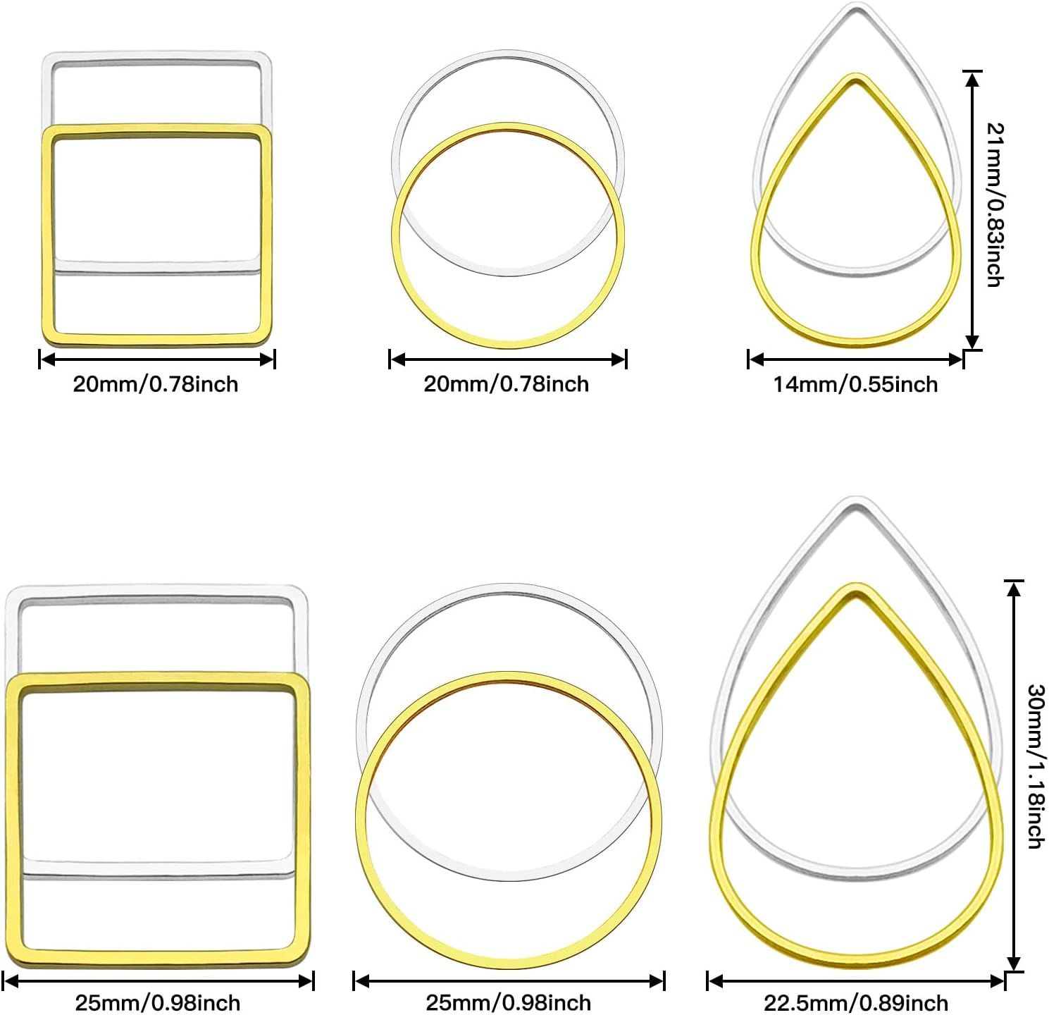 Ximalun 120Pcs Earring Hoop Jewelry Making 3 Shapes Teardrop Square Round Circle Hoop Earring Bulk Open Bezel Pendant Frame for DIY Earring Making Supplies (Gold, Silver)