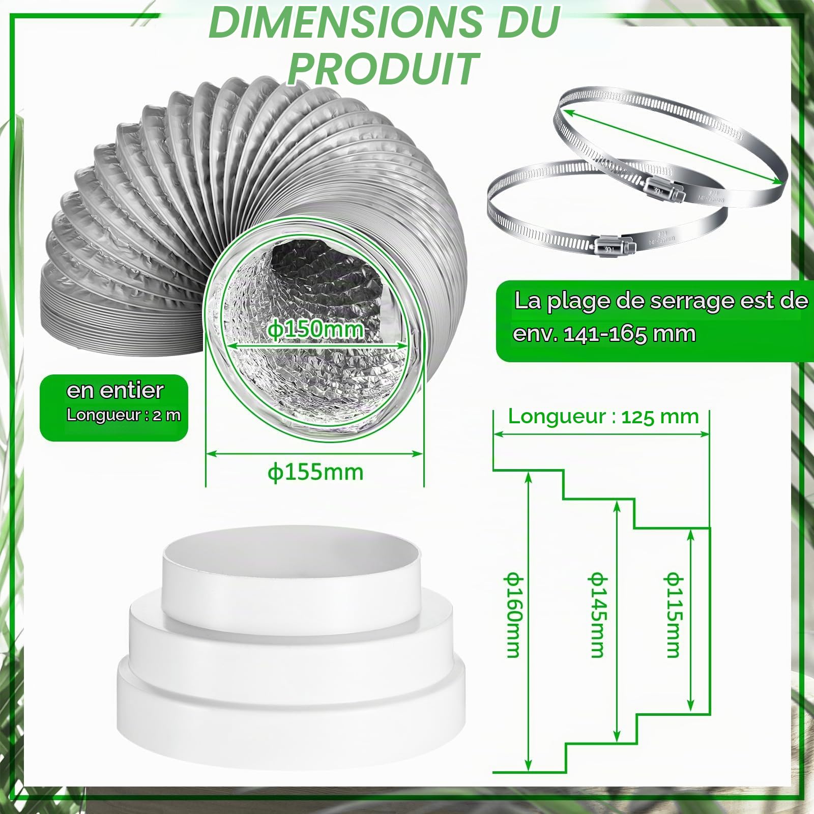 Hestya Tuyau d'Évacuation d'Air et Accessoires PVC Tube d'Évacuation Flexible Conduit d'Aération Souple à Isolation Thermique avec Collier de Serrage en Acier Inoxydable Réducteur (Gris, 150 mm x 2 m)