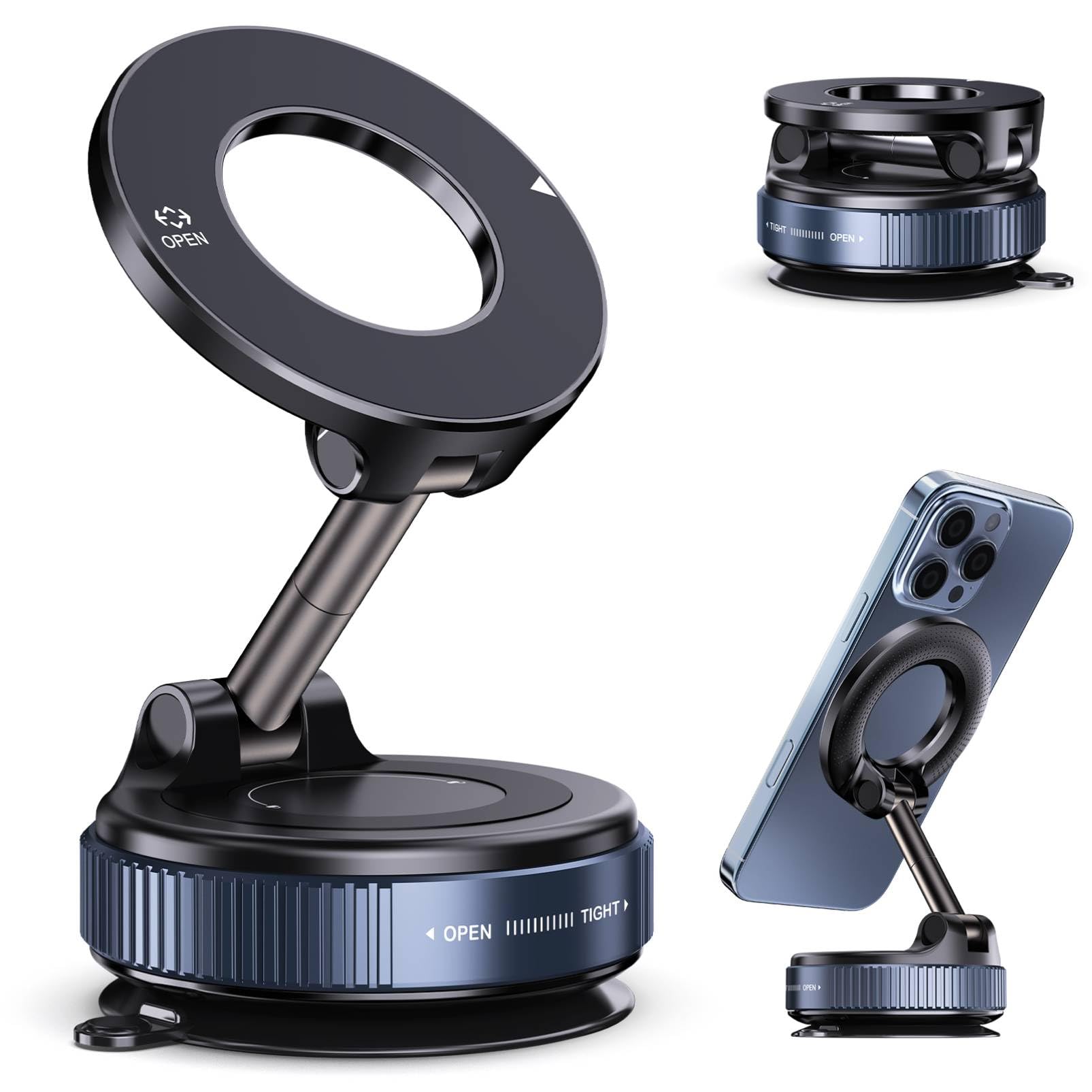 Vacuum Magnetic Suction Phone Holder, Foldable and Retractable Hands-Free Suction Cup Phone Mount for Car/Gym/Mirror/Smooth Surface, Compatible with iPhone Android and All Smartphones (Black)