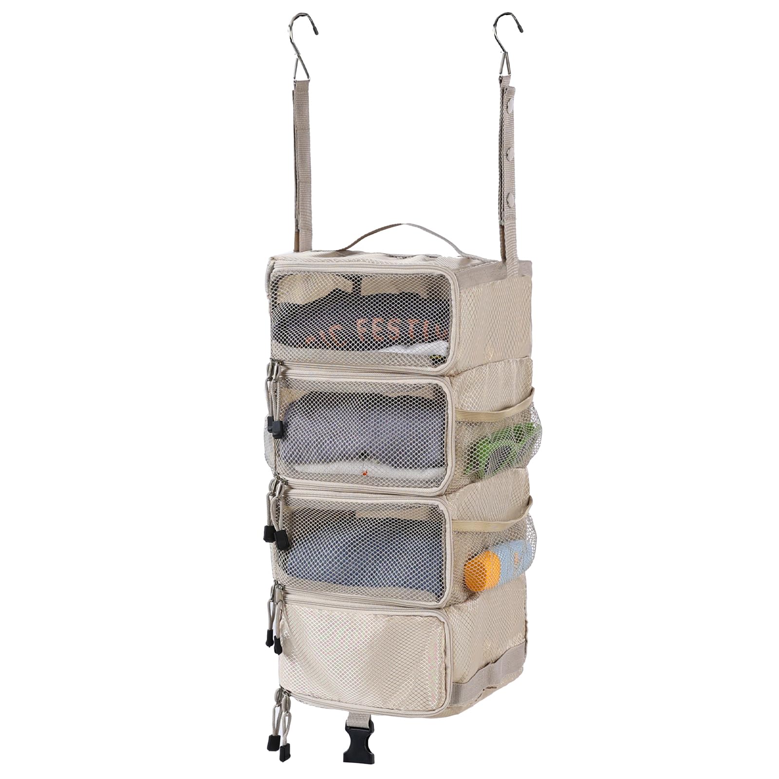 Surblue Hanging Travel Organizer Portable Hanging Luggage Organizer Multiple Compartments Collapsible Compression Closet Packing Cubes,Beige,S