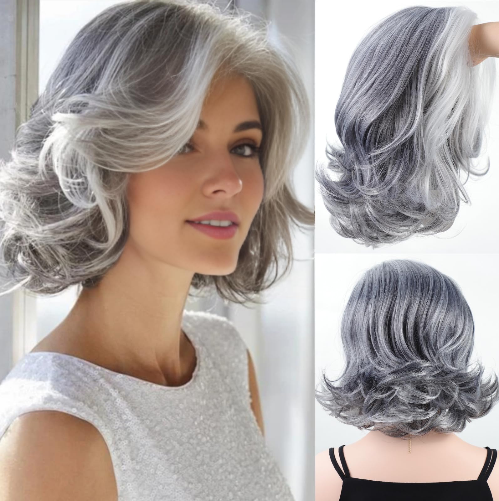 Photo 1 of RENERSHOW Mid-length Grey Wavy Bob Wigs for Women Short Gray Curly Wig Synthetic Salt and Pepper Wigs Average Size Realistic Natural Daily Party Wigs for Older Women with Silver White Bangs(10-12inch)