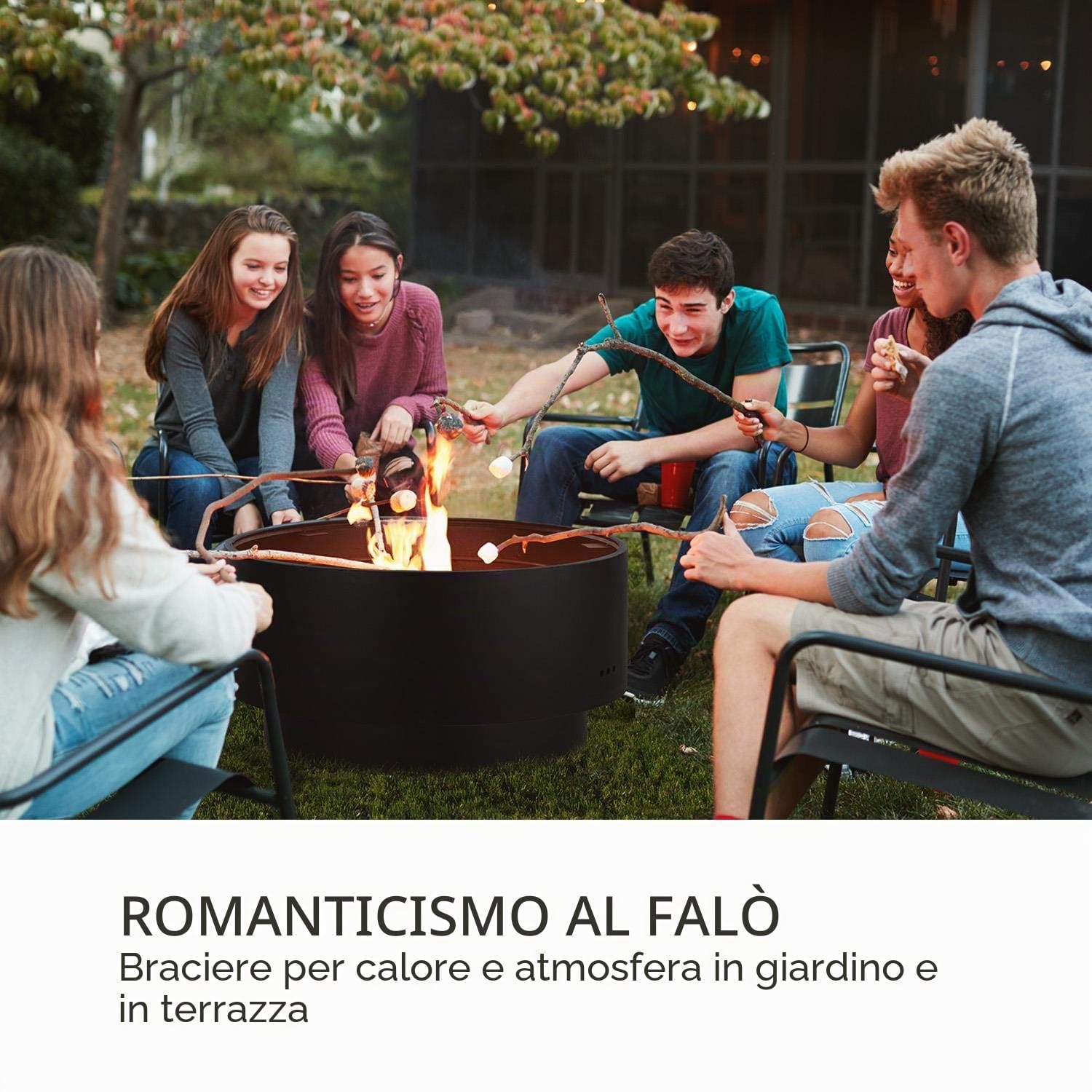 blumfeldt Pompeji Braciere e Grill, Ø 60 cm, Griglia Cromata Ø 56 cm, 60 x 40 cm (Ø x A), Grill a Carbonella con Piano in Bambù, Nero