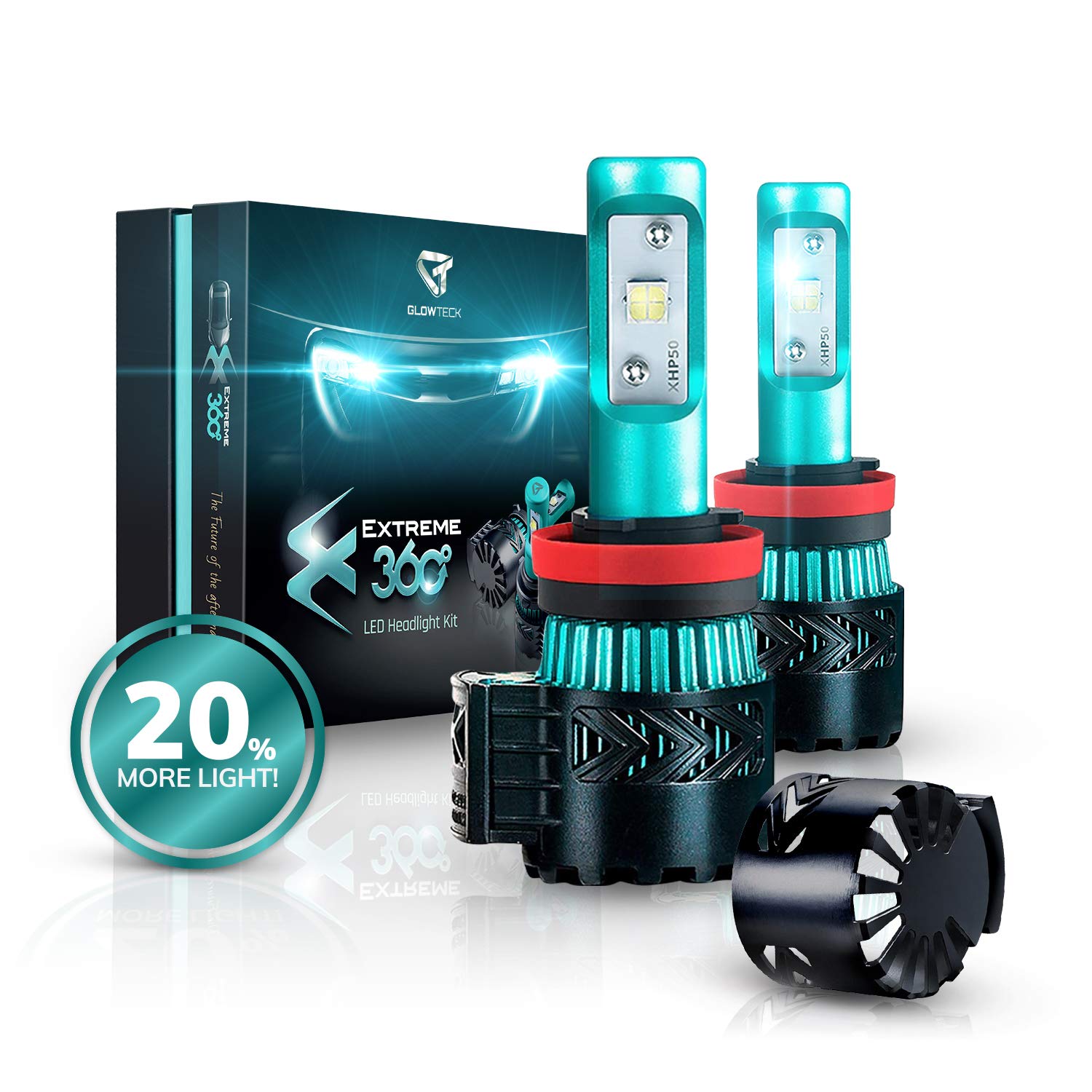 Glowteck H11 /H9/H8 LED Headlight Bulbs Conversion Kit - CREE XHP50 Chip 12000 Lumen/Pair 6K Extremely Bright 68w Cool White 6500K For Bright & Greater Visibility