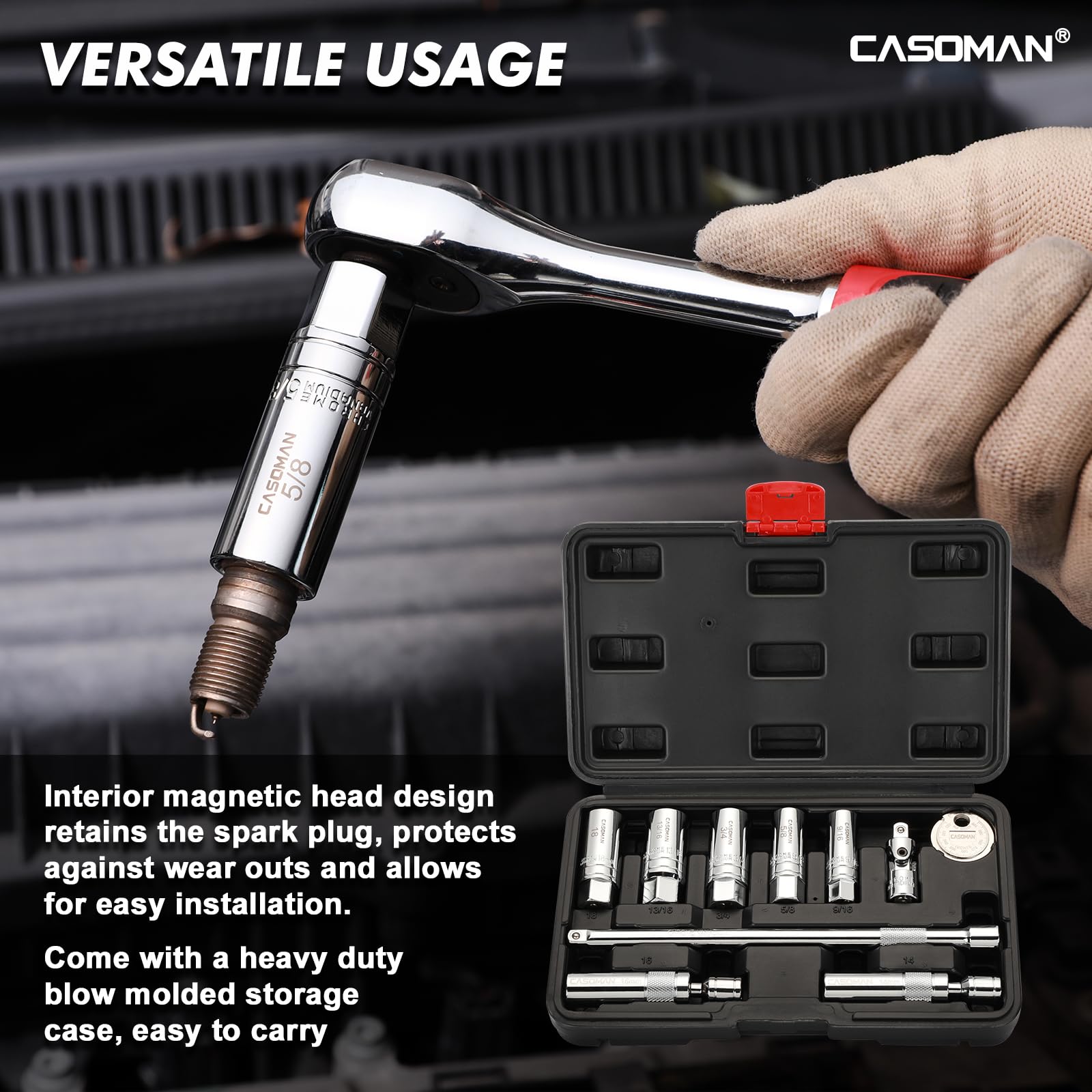 CASOMAN Set di 10 chiavi magnetiche per candele di accensione da 3/8", 6PT e 12PT, include barra di estensione, giunto unviersal e gap per candela, acciaio CR-V