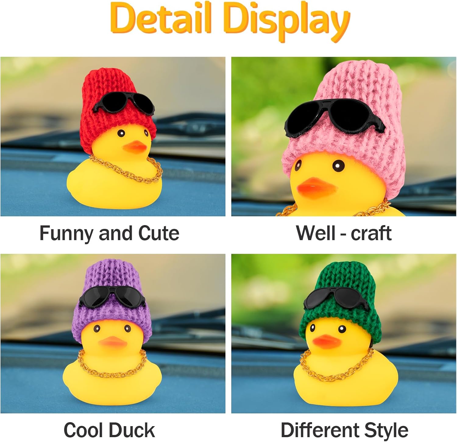 wonuu 2Pcs Car Rubber Duck for Dashboard Decorations with Propeller Knitted Hat Sunglasses Scarf Necklace Cars Accessories Yellow Ducks Car Ornament, Black+Rose