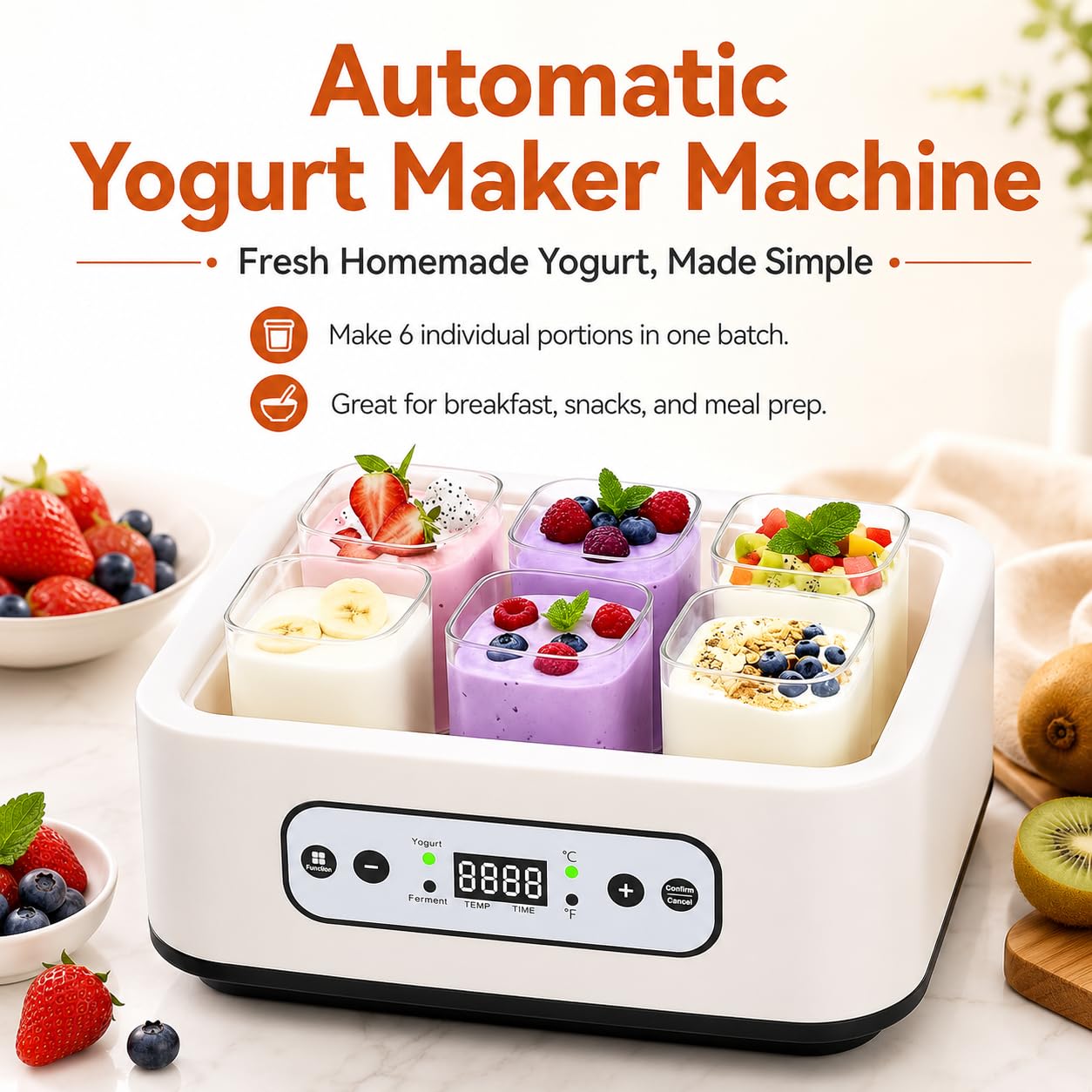 Yogurtera automática de 1000ML con 6 tarros, Control de Temperatura y Tiempo Ajustable de 36 Horas, fácil Limpieza, para Postre Griego casero