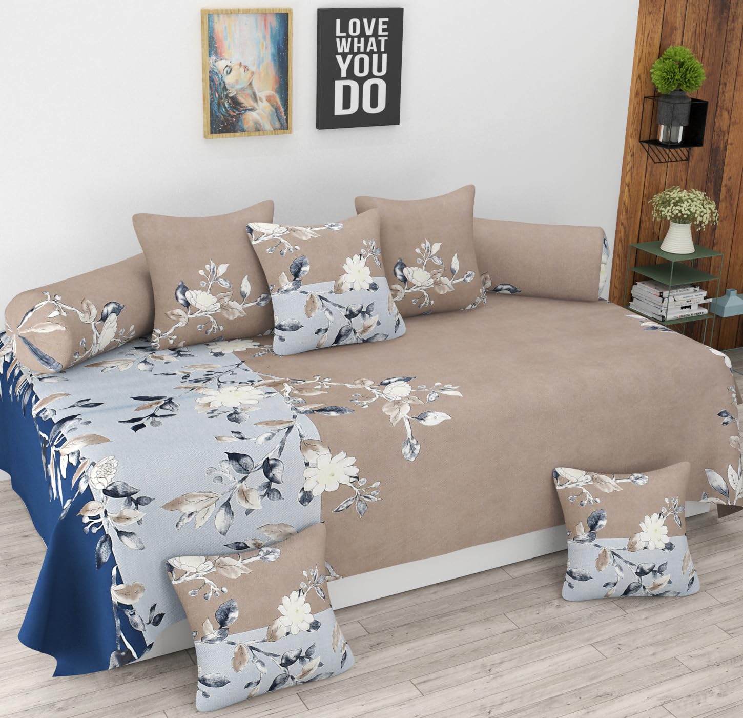 Vaini Heavy Cotton 8 Pieces Diwan Set |1 Single Bedsheet, 2 Bolster Covers, 5 Cushion Covers | - Blue Tricolor-picture-12