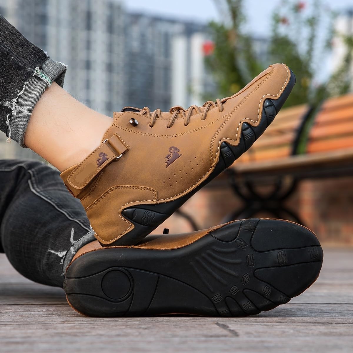 Italienische handgefertigte hohe Stiefel für Herren mit Klettverschluss, Outdoor-Beck-Schuhe, atmungsaktiv, rutschfest, lässig, barfuß, zum Gehen, Wandern, Fahren, Chukka-Stiefel(Braun,42 EU)