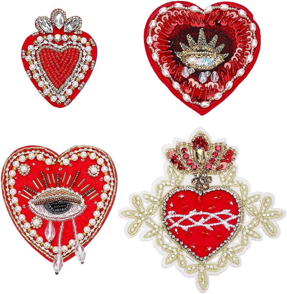 NBEADS 4 Pcs 4 Styles Evil Eyes Heart Beaded Patches, Red Polyester Rhinestone Applique Patches for Clothes Decoration Handbag Embellishment Jacket Accessory