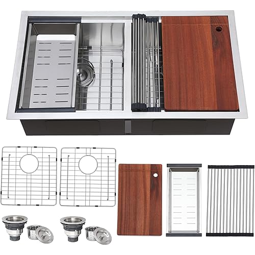 Comllen 33x19 Double Bowl Undermount Kitchen Sink 33 inch Workstation Stainless Steel Kitchen Sink Undermount 16G Deep 9in Kitchen Sink With Cutting Board Grid Colander Drainer