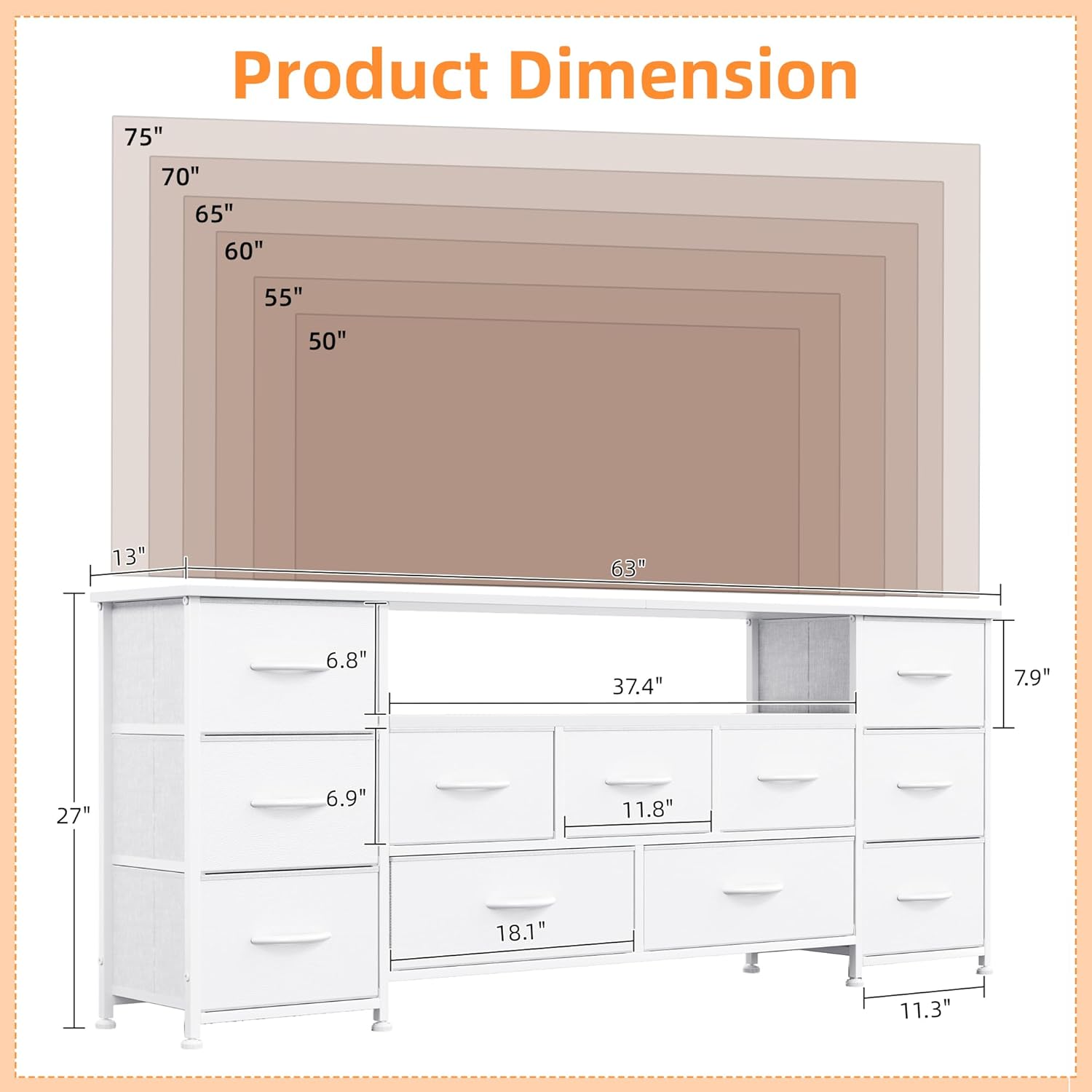 Detailed product dimensions of the Vermess dresser.