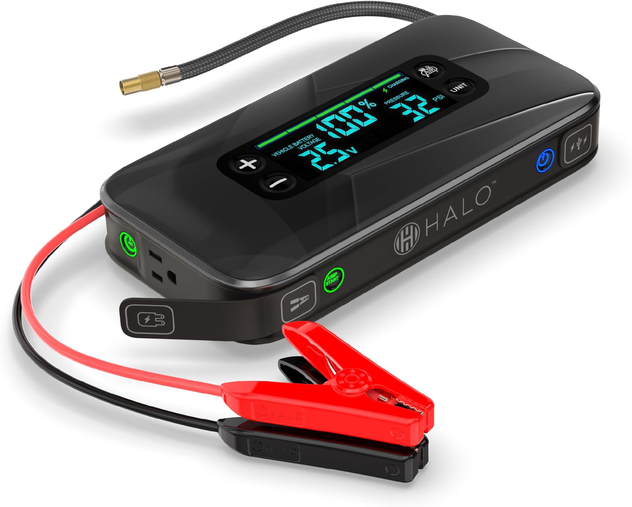 Halo Bolt Ultimate 3 Portable Car Battery Jump Starter | 130 PSI Air Compressor, 55.5Wh USB Power Bank, Large Display, Emergency Floodlight & Charger, Jumps Cars SUVs & Trucks, Inflates Tires — Black