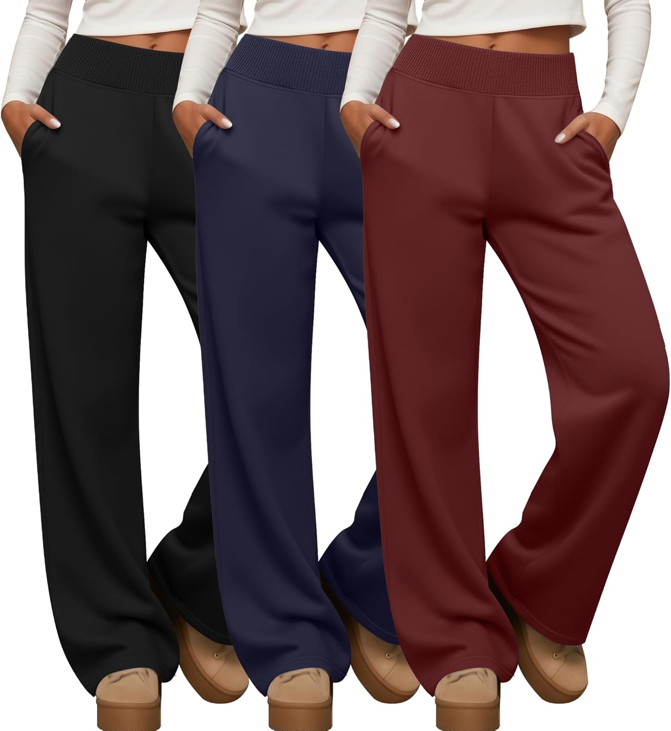 Neer 3 Pack Women's Lounge Pants Wide Leg Yoga Pant with Pocket Ribbed Wide Waist Elderly Loose Soft Lightweight Pant Pajamas
