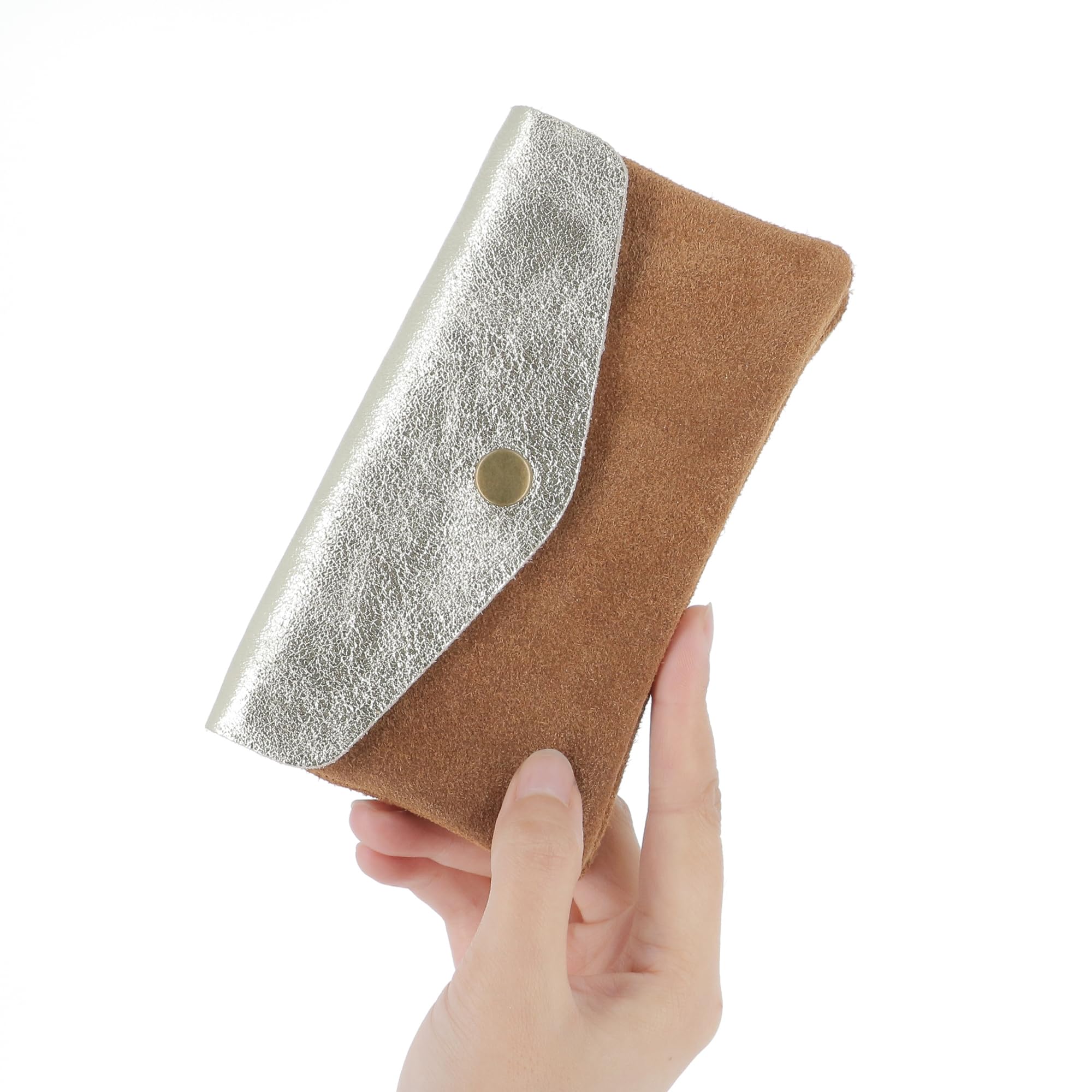 Double Tree - Porte-Monnaie Cartes Cuir Véritable Suède Irisé Femme - Portefeuille Pochette Rangement À Rabat - Format Mi-Long Taill M - Léger Pratique - Camel
