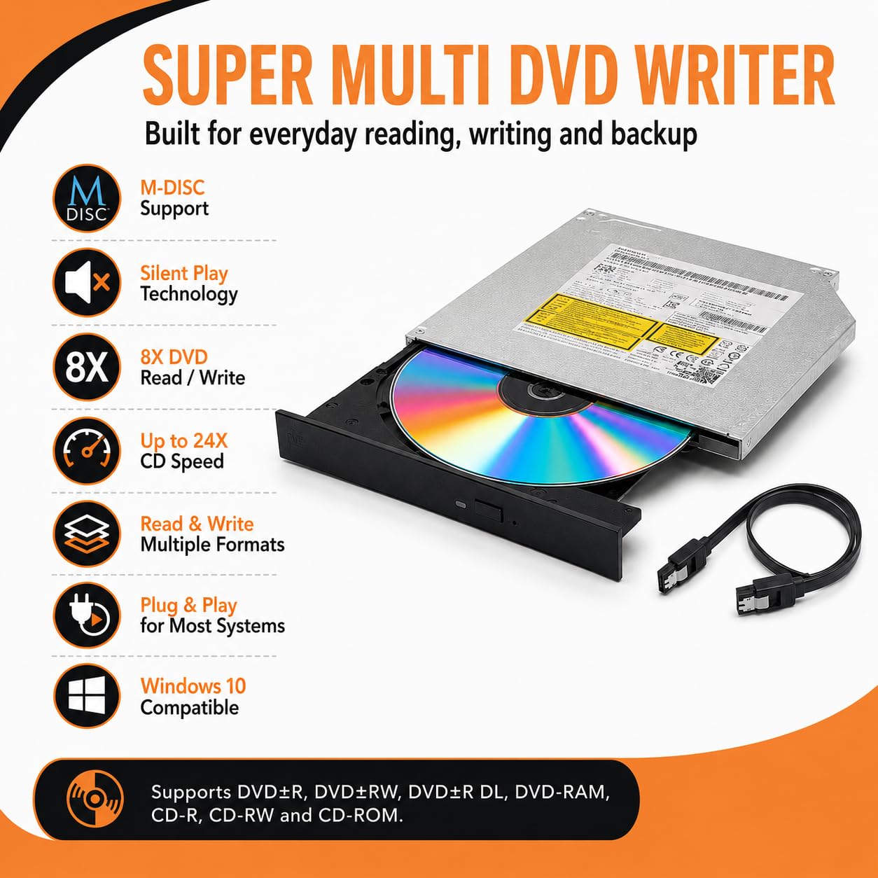 Lecteur DVD RW interne SATA 9,5 mm, GUD1N Slim à chargement par plateau, graveur de CD DVD 8X avec support M-DISC, remplacement super multiple pour ordinateur portable et ordinateur de bureau