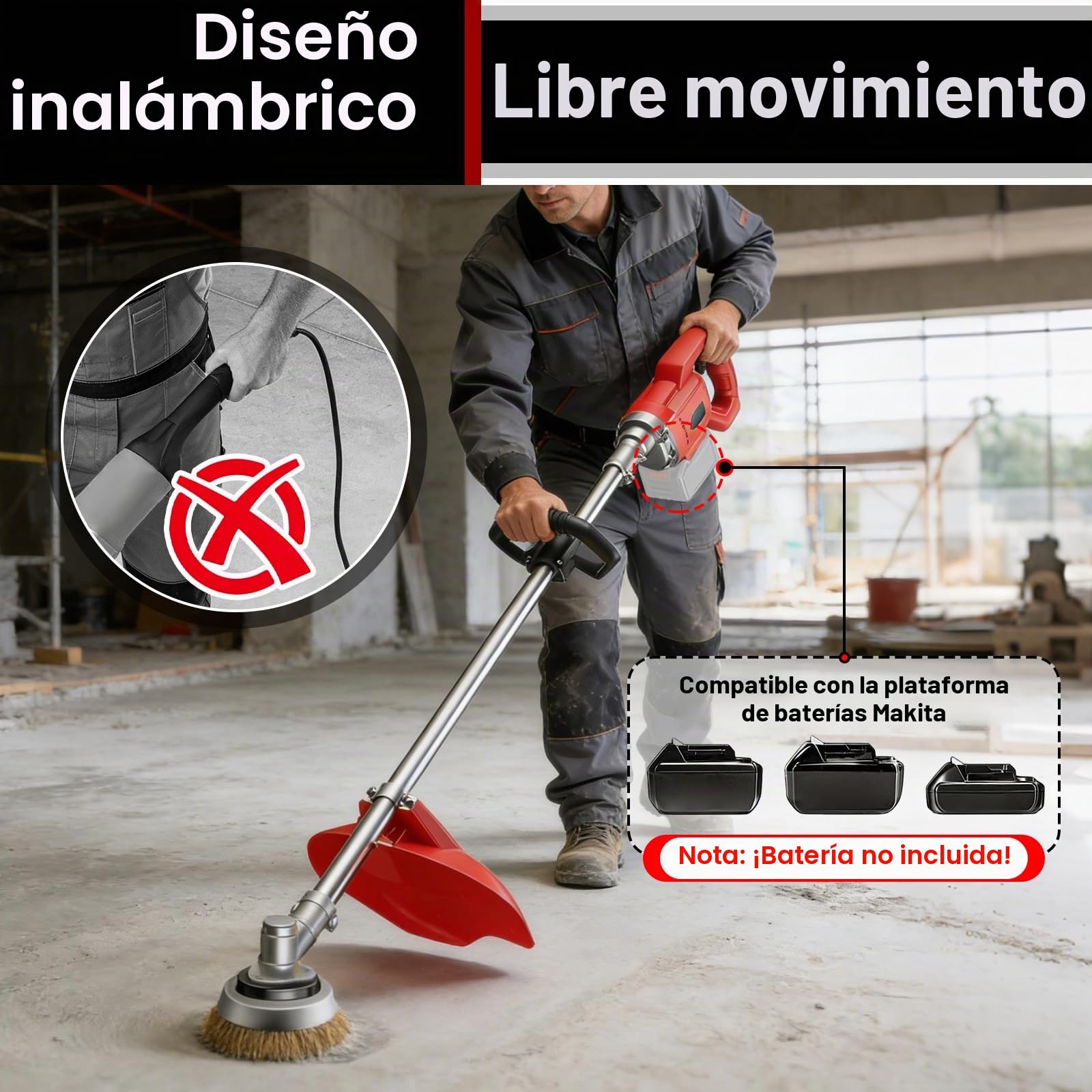 Amoladora de Hormigón Eléctrica de 1,2 M, Amoladora Batería Lijadora de Hormigón, Pulidora Suelos Eléctrica, Lijadora de Paredes y Techos con Cepillo, Compatible con Makita 21V (Sin Batería)