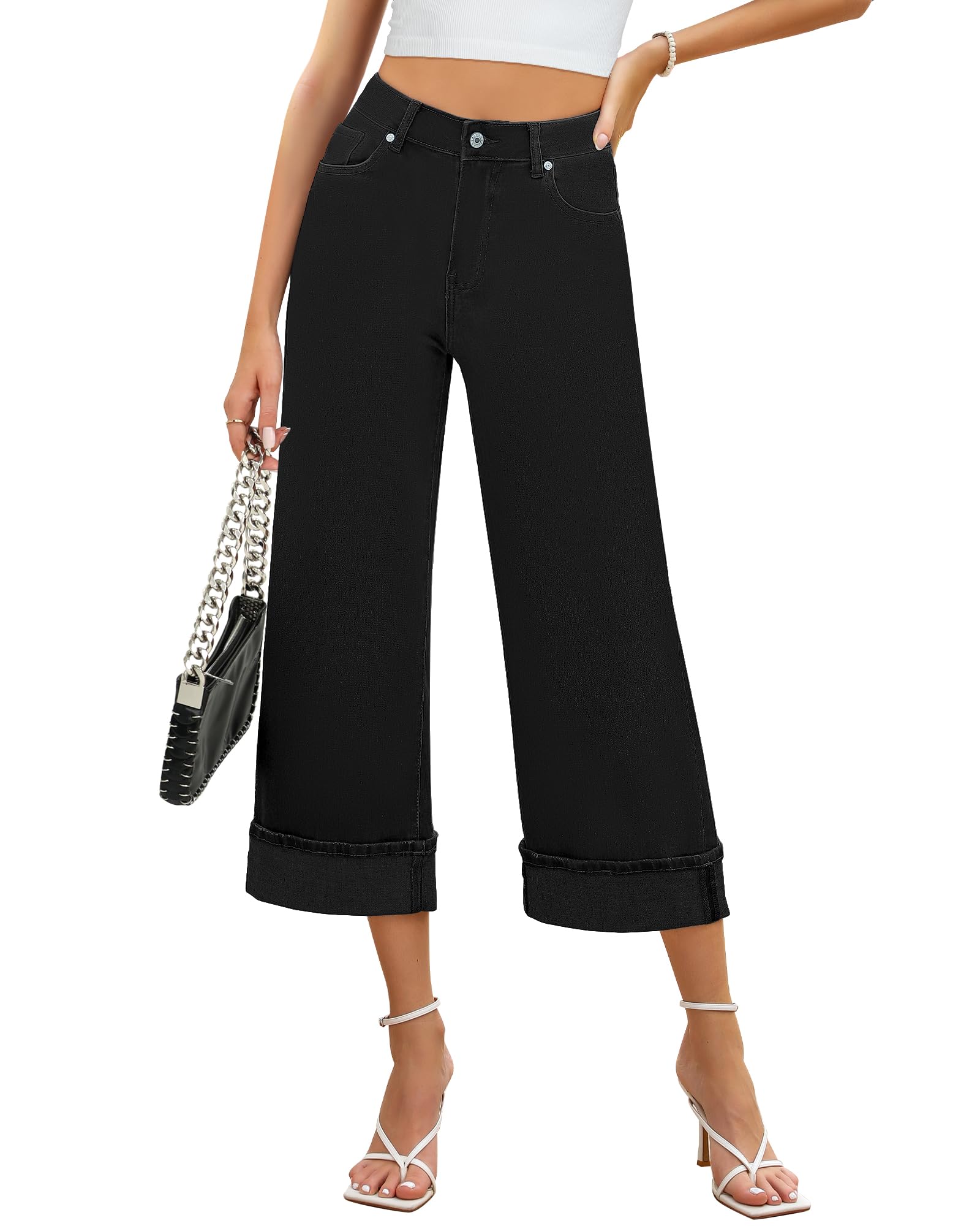 GRAPENT Wide Leg Jeans for Women High Waisted Stretchy Denim Crop Pants Fold Hem Cropped Baggy Jeans with Pockets