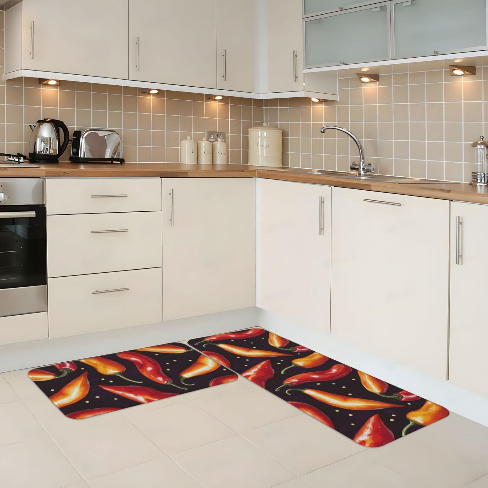 GVYGVY Antifatigue Kitchen Mats for Floor 2 Piece - Realistic Chili Bright Print Kitchen Rugs Washable, Non Slip Runner Rug Standing Mat for Office/Bathroom/Laundry/Home Decor and Accessories