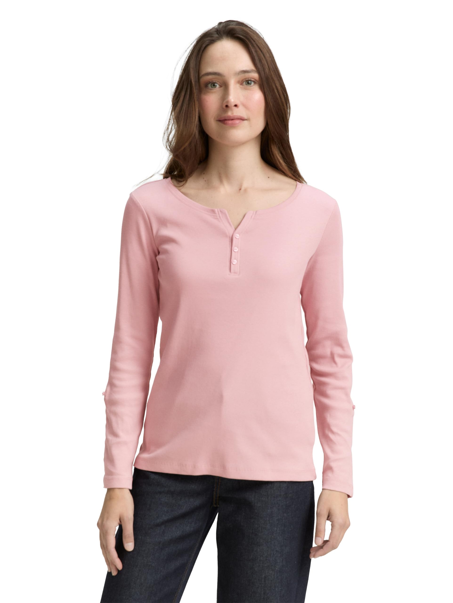 TOM TAILOR Damen Henley Longsleeve mit Streifenmuster