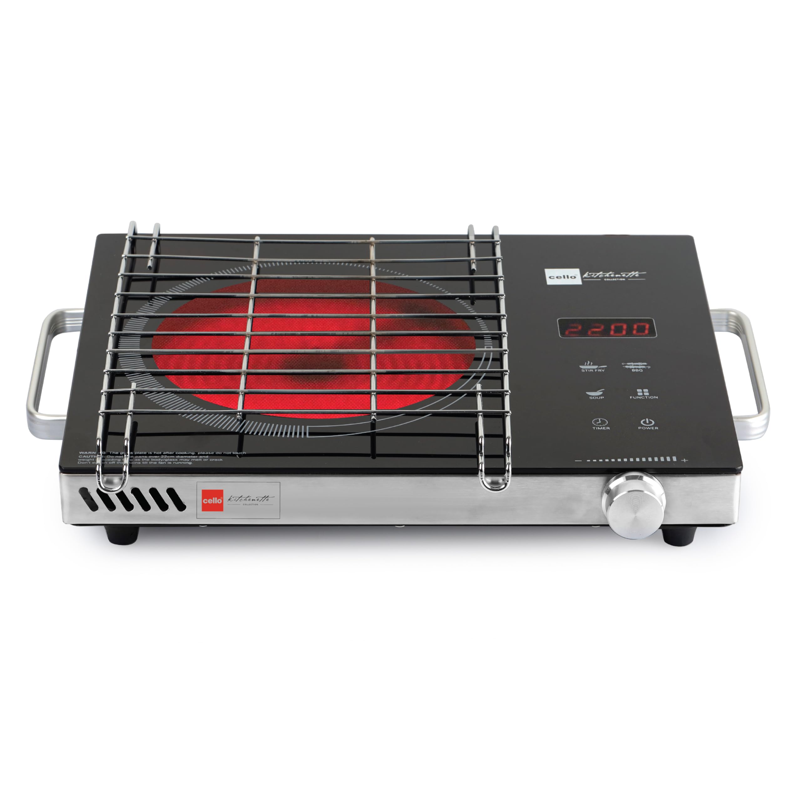 Cello Induction Cooker Blazing 800+ Infra Ceramic Plate 2200 Watt Induction Cooktop with BBQ Grill, Soft Touch Button with Crystal Glass (Black)-image-14