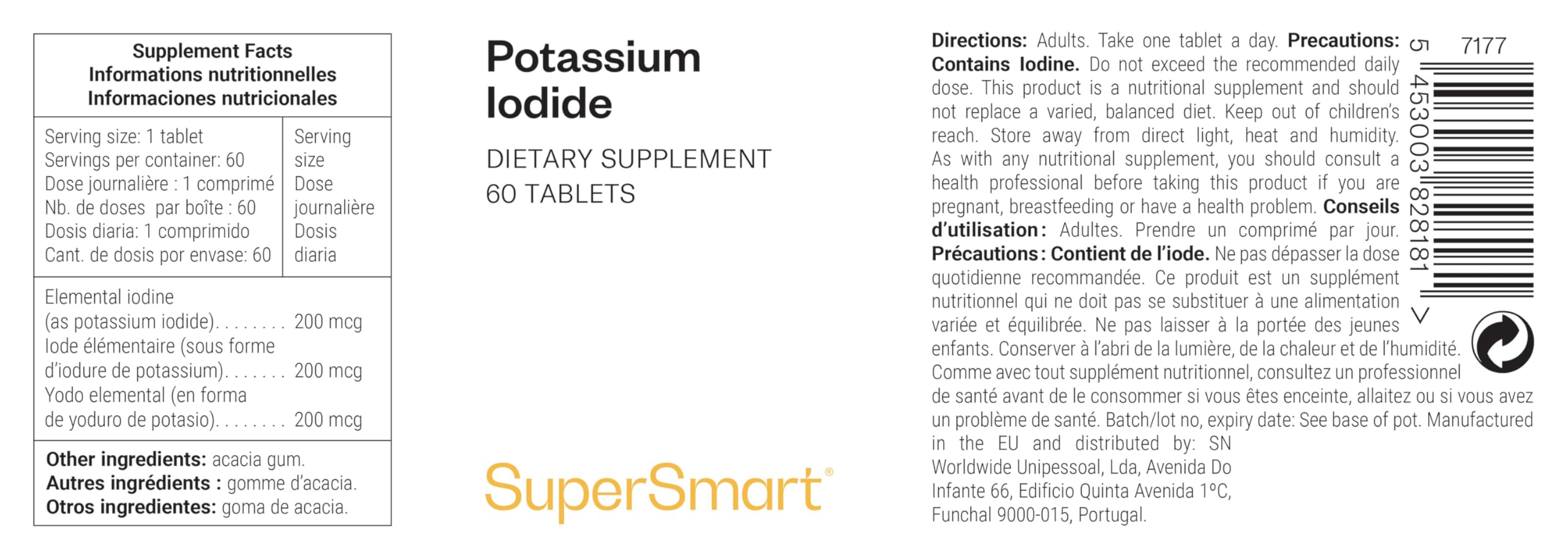 Potassium Iodide - Contribue au Bon Fonctionnement de la Thyroïde - Soutient le Métabolisme et le Système Nerveux - Vegan - Sans Gluten - Supersmart
