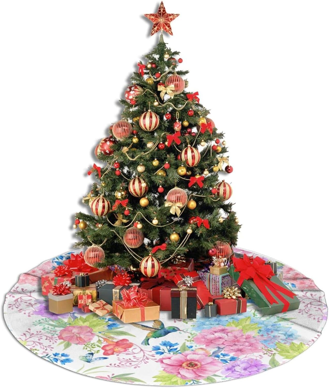 Hummingbird Flower Christmas Tree Skirt 36 Inches, Flower Xmas Tree Skirt Party Indoor Decoration Ornaments Mat