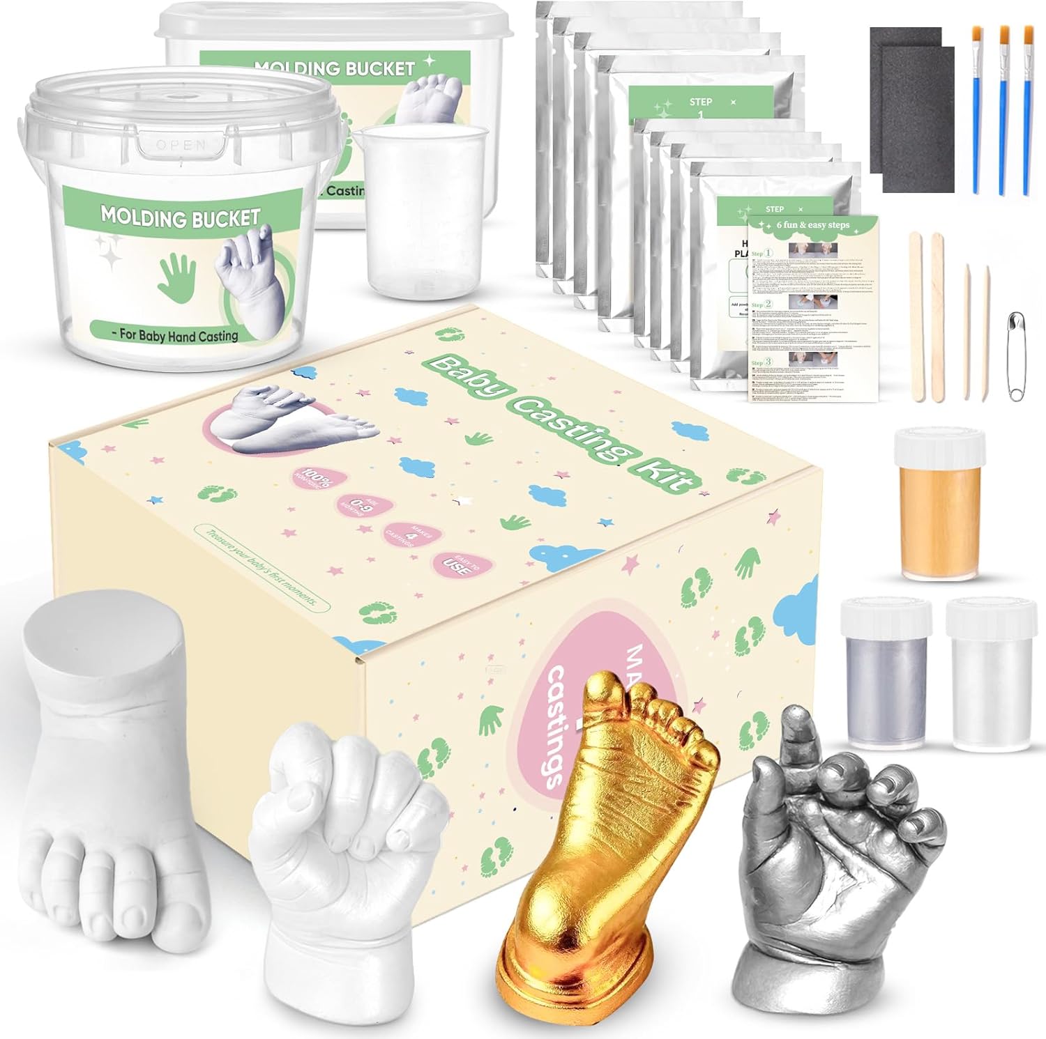 Noosuna Baby Hand and Foot Casting Kit (4 Pack), 3D Moulding Gift Set, Multiple Accessories, Baby Casting Kit for Babies 0–9 Months Old, Baby Shower, New Mom Gift, Mother's Day Gifts