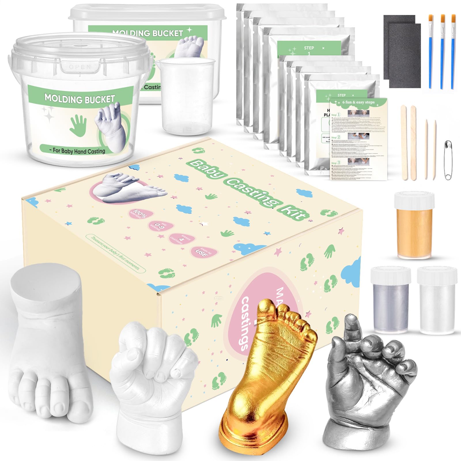 Empreinte Main Pied Bebe 0-9 Mois Kit de Moulage 3D 4 Moulages avec Peintures Non Toxique Souvenirs Personnalisés Cadeau Naissance