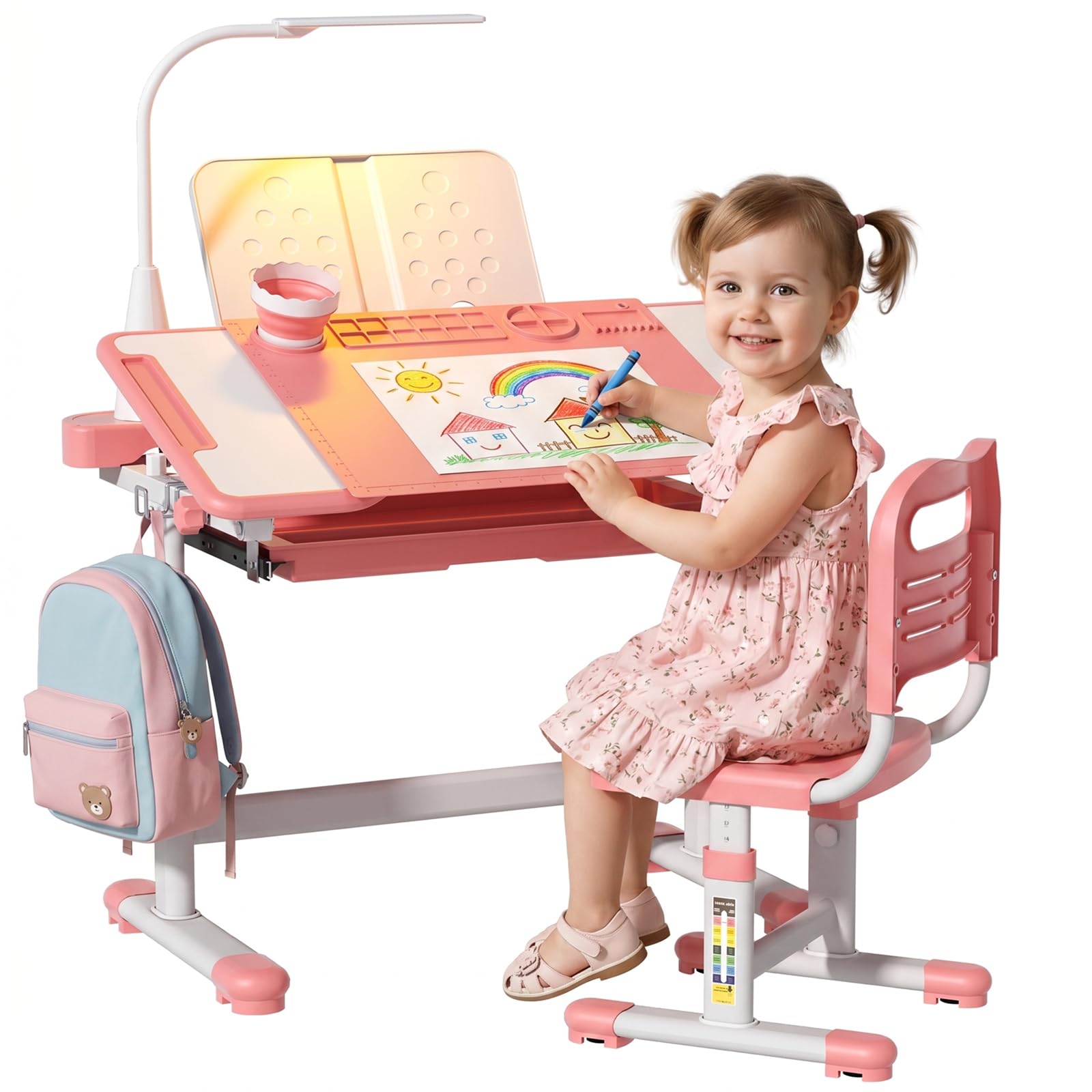 BIERUM Kids Desk and Chair Set, Height Adjustable Study Table for Ages 3-12