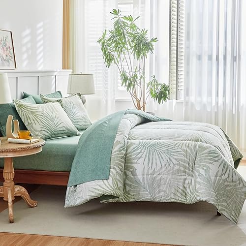 Miniatura 3 de AIKASY Juego de edredón azul y verde Queen con sábanas, cama en una bolsa, 7 piezas, diseño de impresión de tótem de palmera, juego de ropa de cama