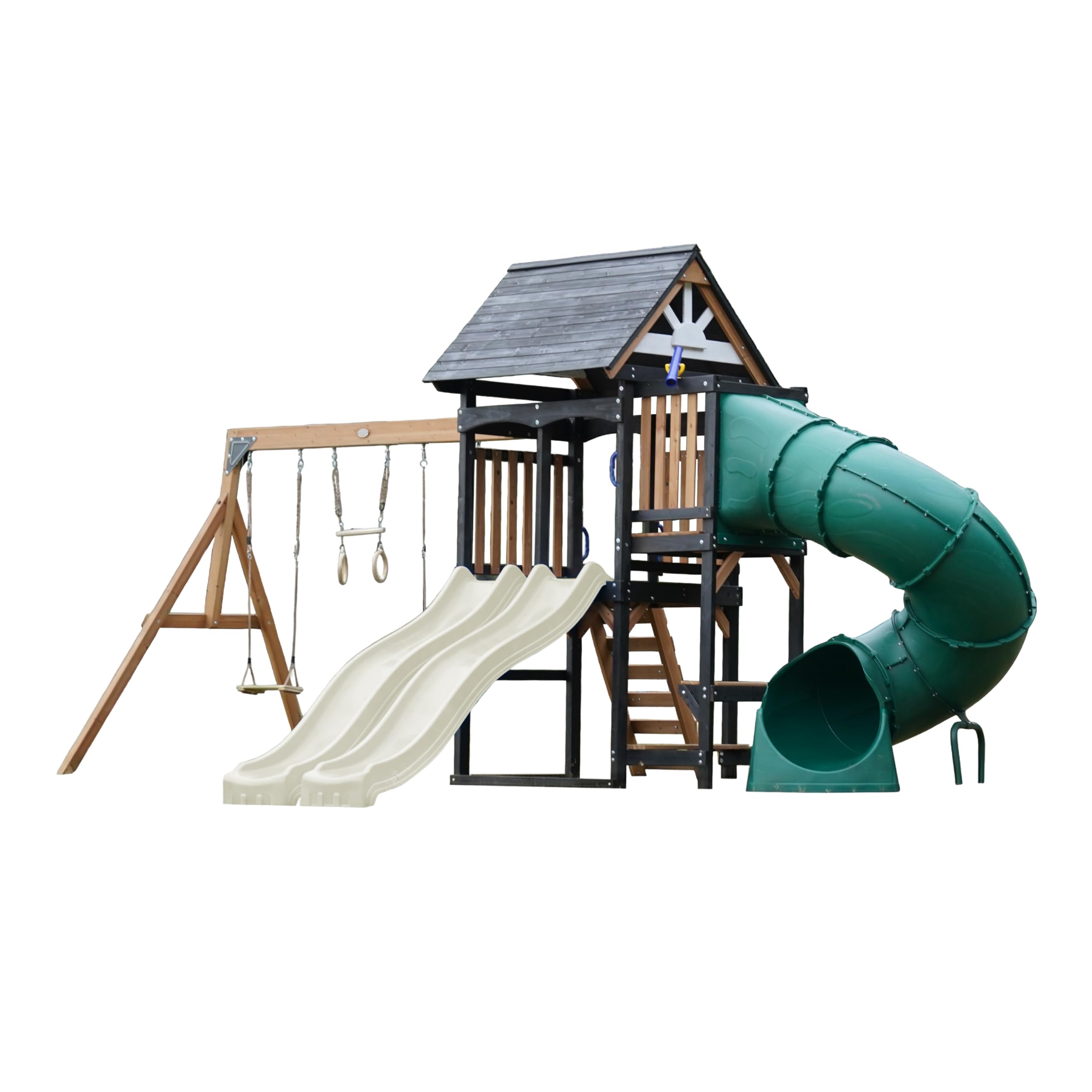 AXI Cody Wooden Playground, 2 Swings, Tubular Slide and Double Slide Cream | XXL House for Children with Climbing Structure and Trapeze | for the Garden.