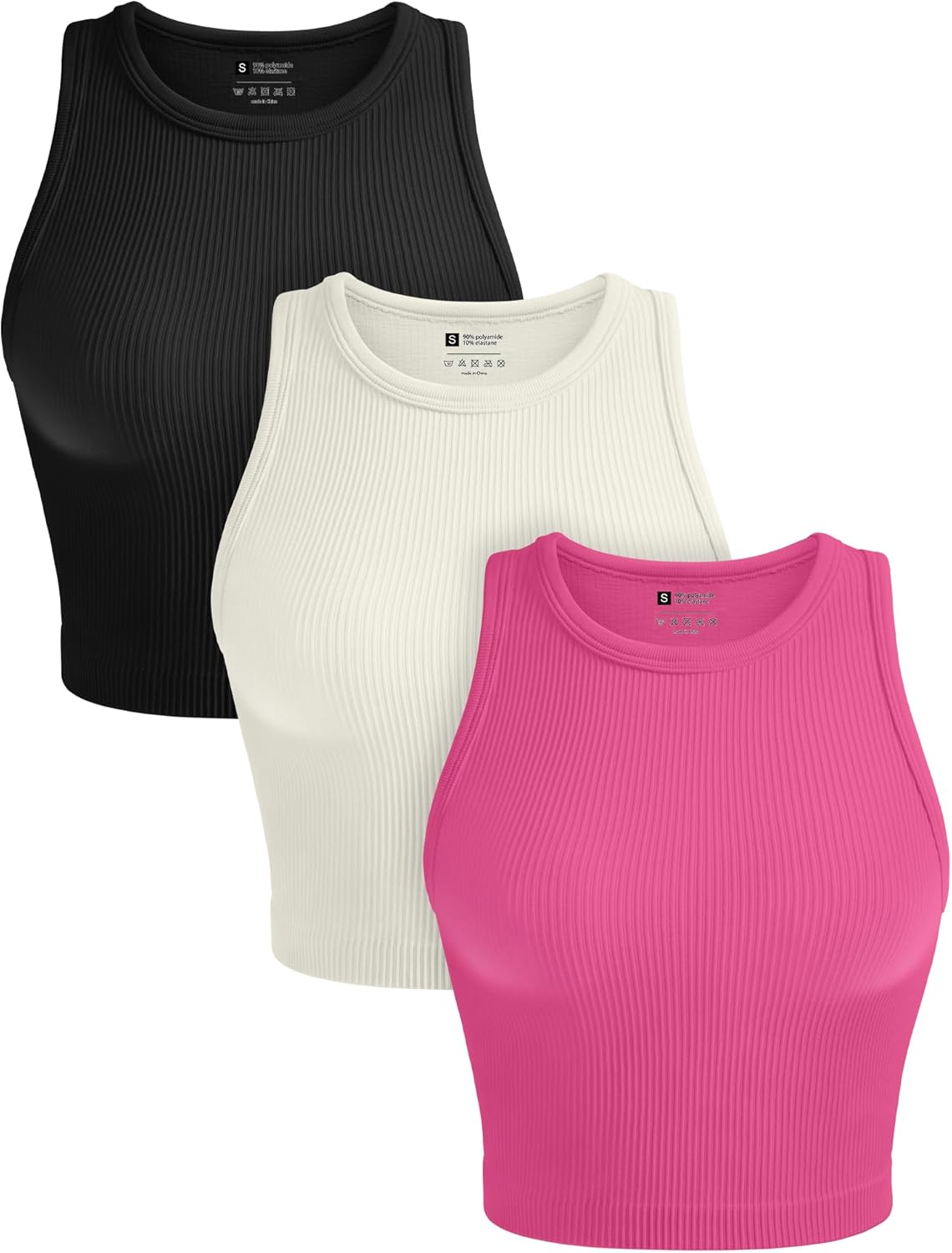 OLCHEE Womens 3 Pack Crop Tank Tops Basic Seamless Ribbed Round High Neck Racerback Workout Top Summer Causal Yoga Gym Shirts