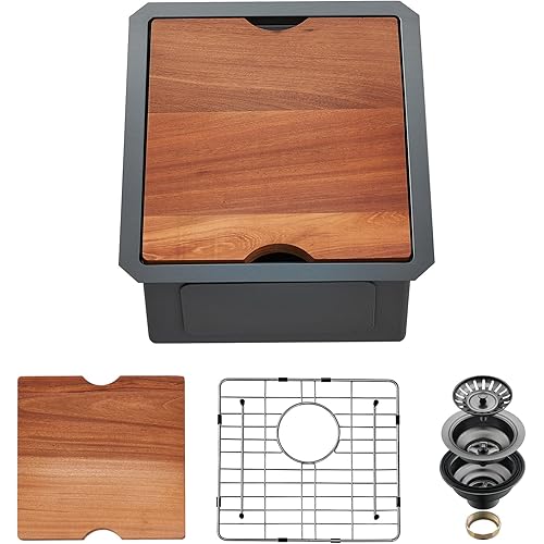 EcoChannels Undermount Kitchen Sink, 15 x 17 x 10 Inch Bar Sink 16 Gauge Gunmetal Black Stainless Steel Small Sink Kitchen Single Bowl Workstation Sink with Cutting Board