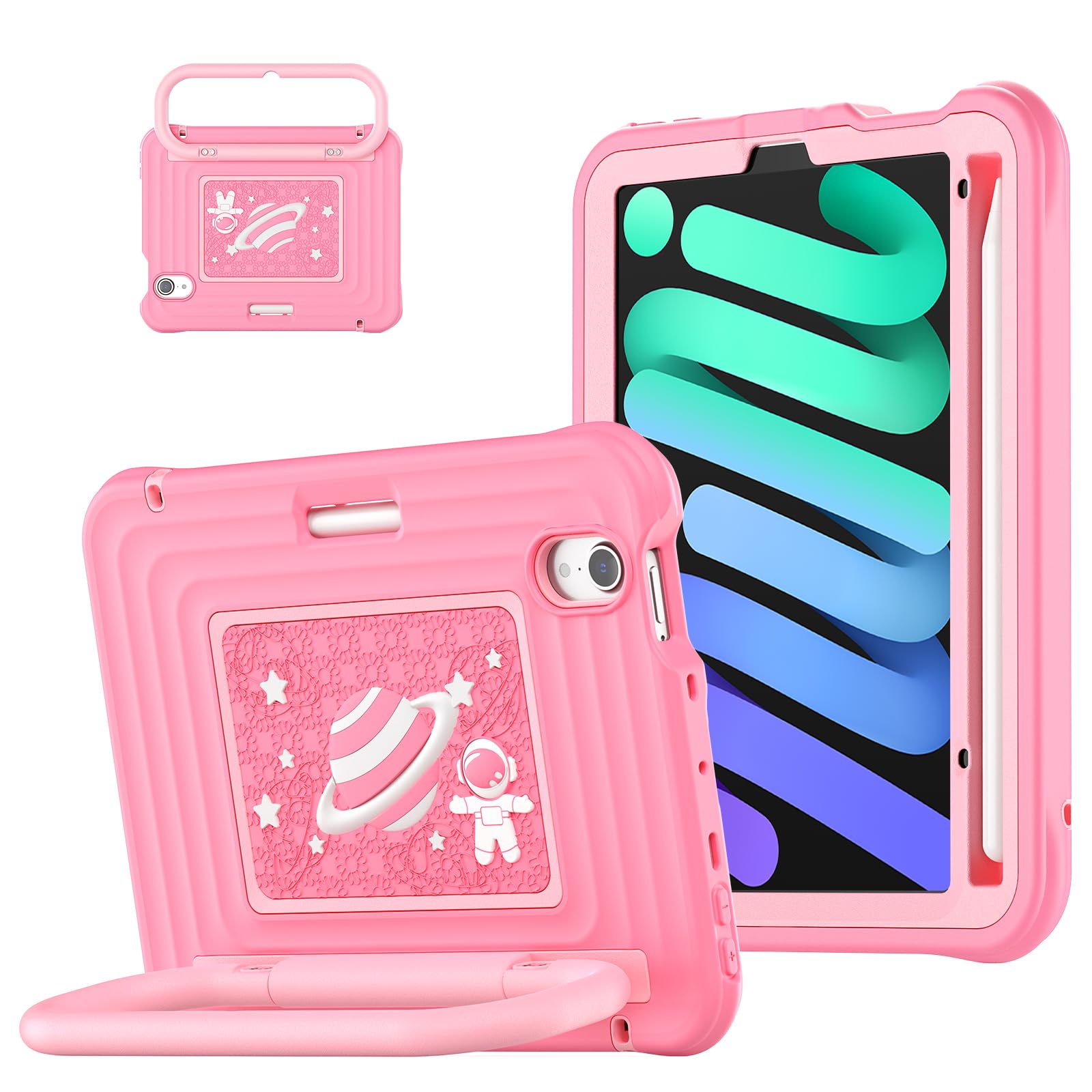 Case for iPad mini 7 (A17 Pro) 2024/ Mini 6 8.3'' with Pencil Holder Screen Protector [360 Rotating Handle &amp; Stand] &amp;Shoulder Strap, Shockproof Case for iPad mini 7th/6th Generation, Rose
