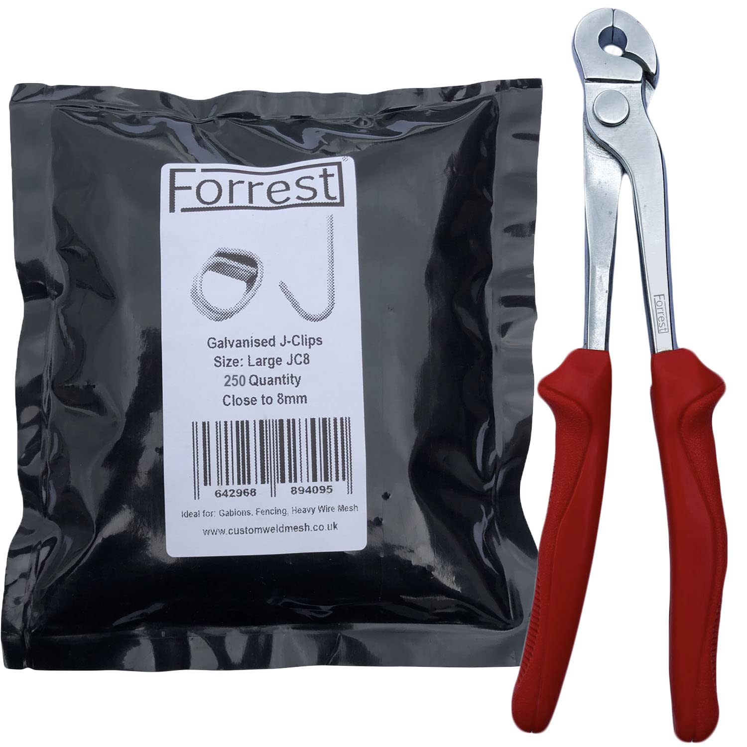 Forrest Large J-Clip Pliers + 250 Large J-Clips Galvanised Finish UK Made, Gabions, Fencing, Wire Mesh Cage Making
