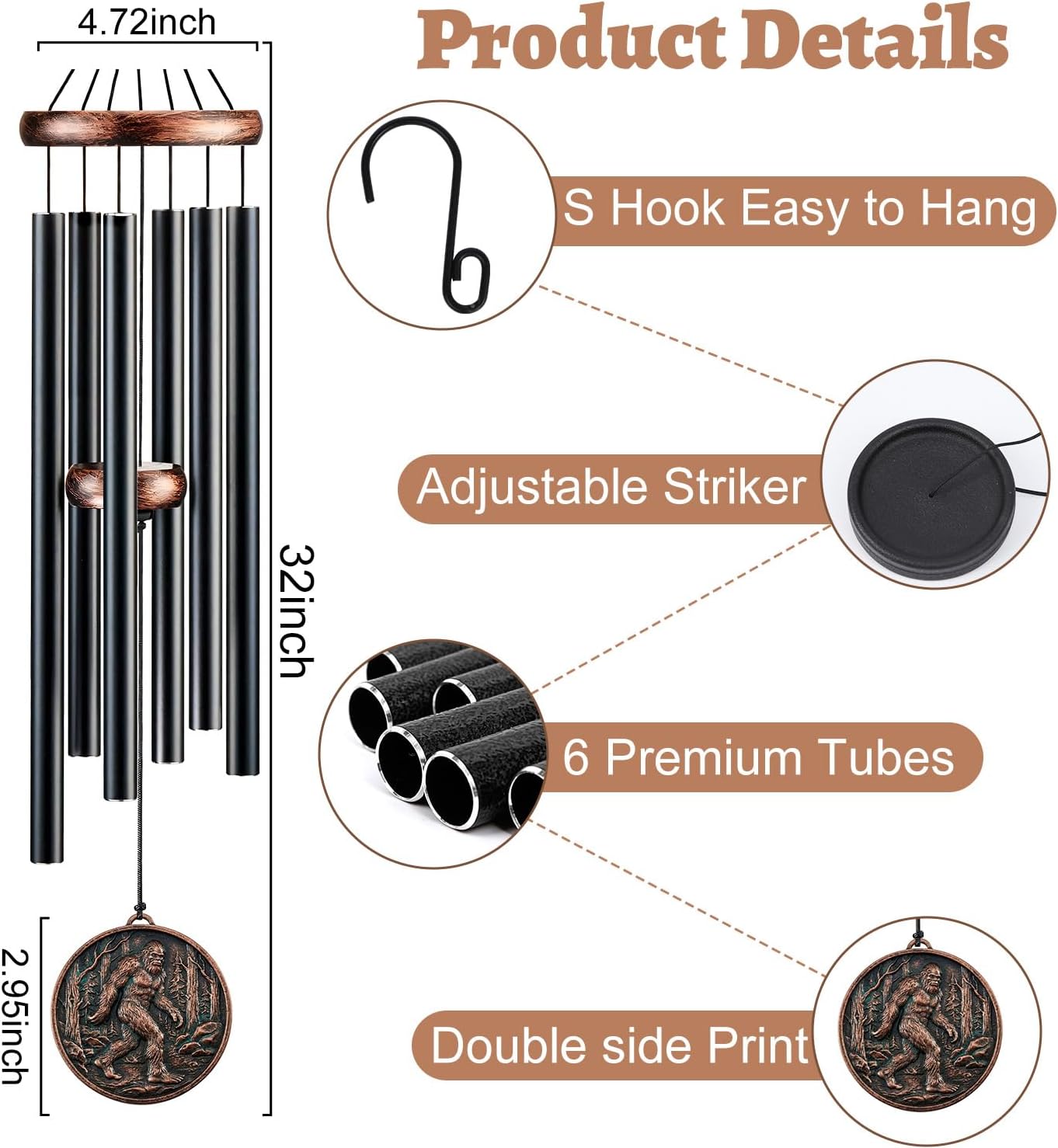 Bigfoot Wind Chimes for Outside - 32" Deep Tone Sasquatch Wind Chime Outdoor, Father's Day Christmas Birthday Gifts to Dad Grandpa, Big Foot Memorial Sympathy Wind Chimes Garden Yard Decor