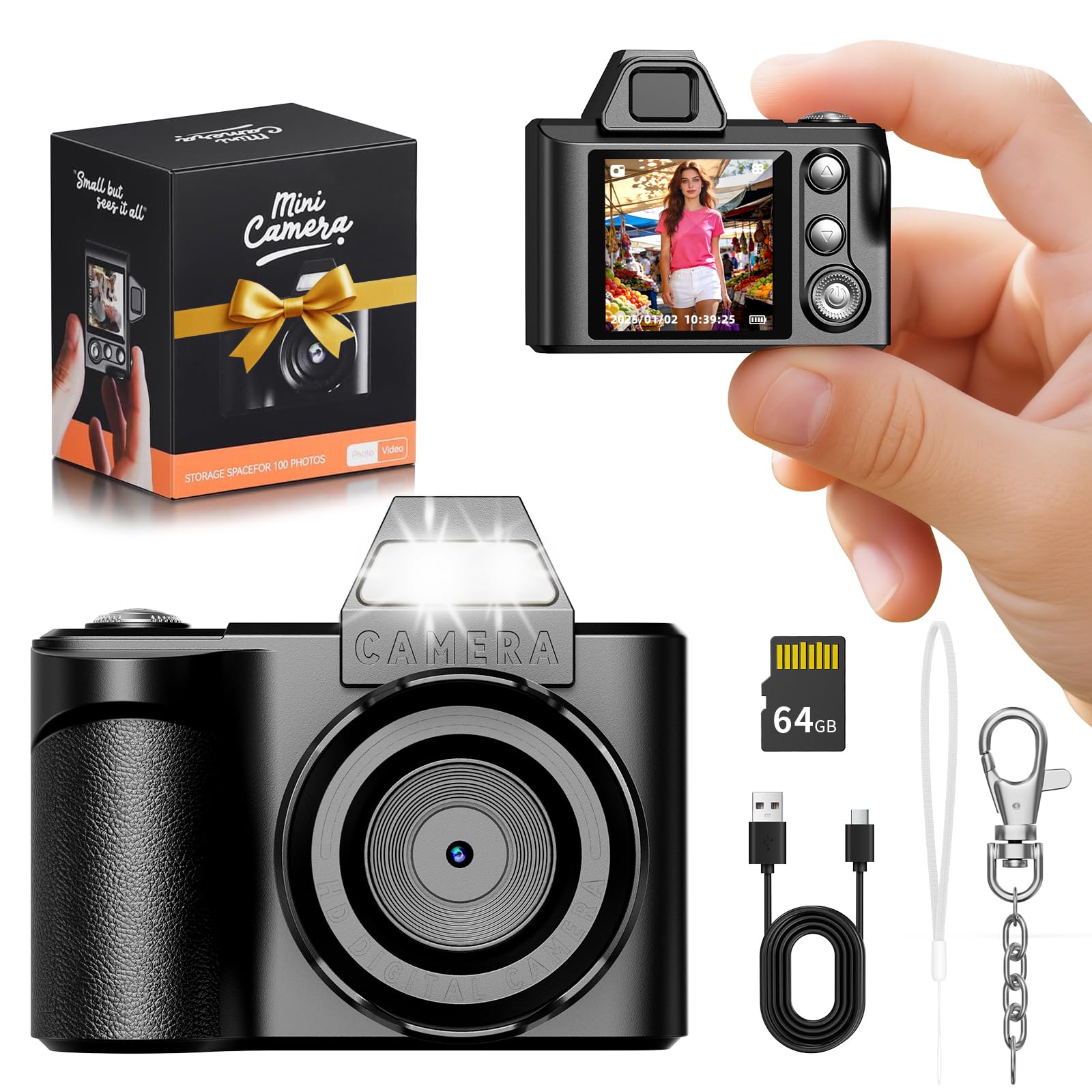 Mini Schlüsselanhänger Digitalkamera – Maxmango 1,3-Zoll 1080P Fotokamera Retro Kamera mit 64 GB Speicher, Ultraportable Kamera, Taschenformat für Reisen, Vlogging und als Ostern Geschenk (Schwarz)