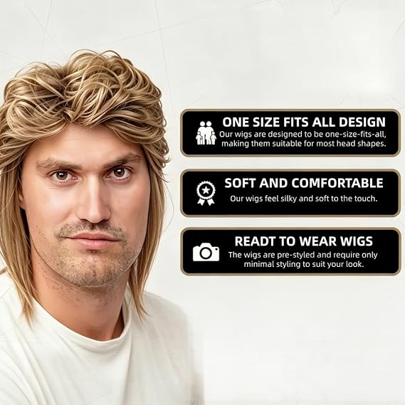 Light Brown Mens Wig Retro Pop Rock 80s Wig Suitable For Pop Parties, 70s And 80s Rock Parties, Halloween And Fancy Dress