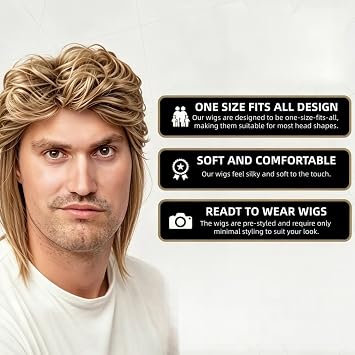 Light Brown Mens Wig Retro Pop Rock 80s Wig Suitable For Pop Parties, 70s And 80s Rock Parties, Halloween And Fancy Dress