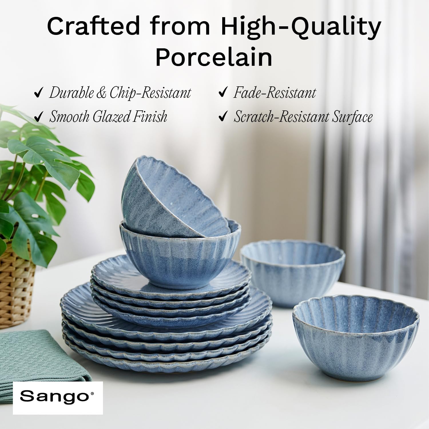 Sango 12 Pieces Stoneware Dinnerware Set, Modern Reactive Blue Dishes for 4, Premium Serving Plates and Bowls Sets, Chip Resistant Plate, Ceramic Dishware, Kitchen Dish Set, Scallop Dining Ware, Frill
