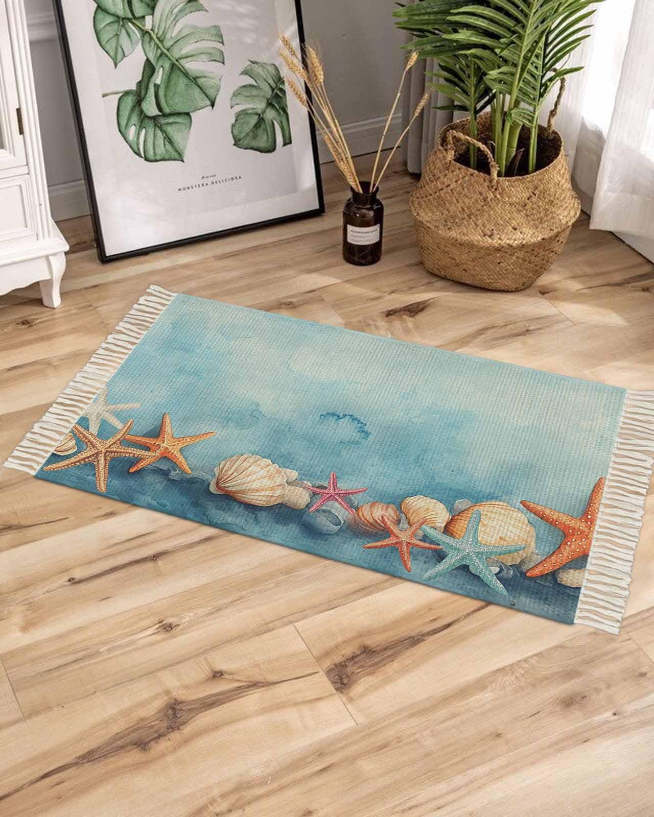 Rugs for Entryway 2x3 ft Ocean Watercolor Shell Small Area Rug with Tassels Woven Floor Carpet Thow Rugs for Front Door Indoor Entrance