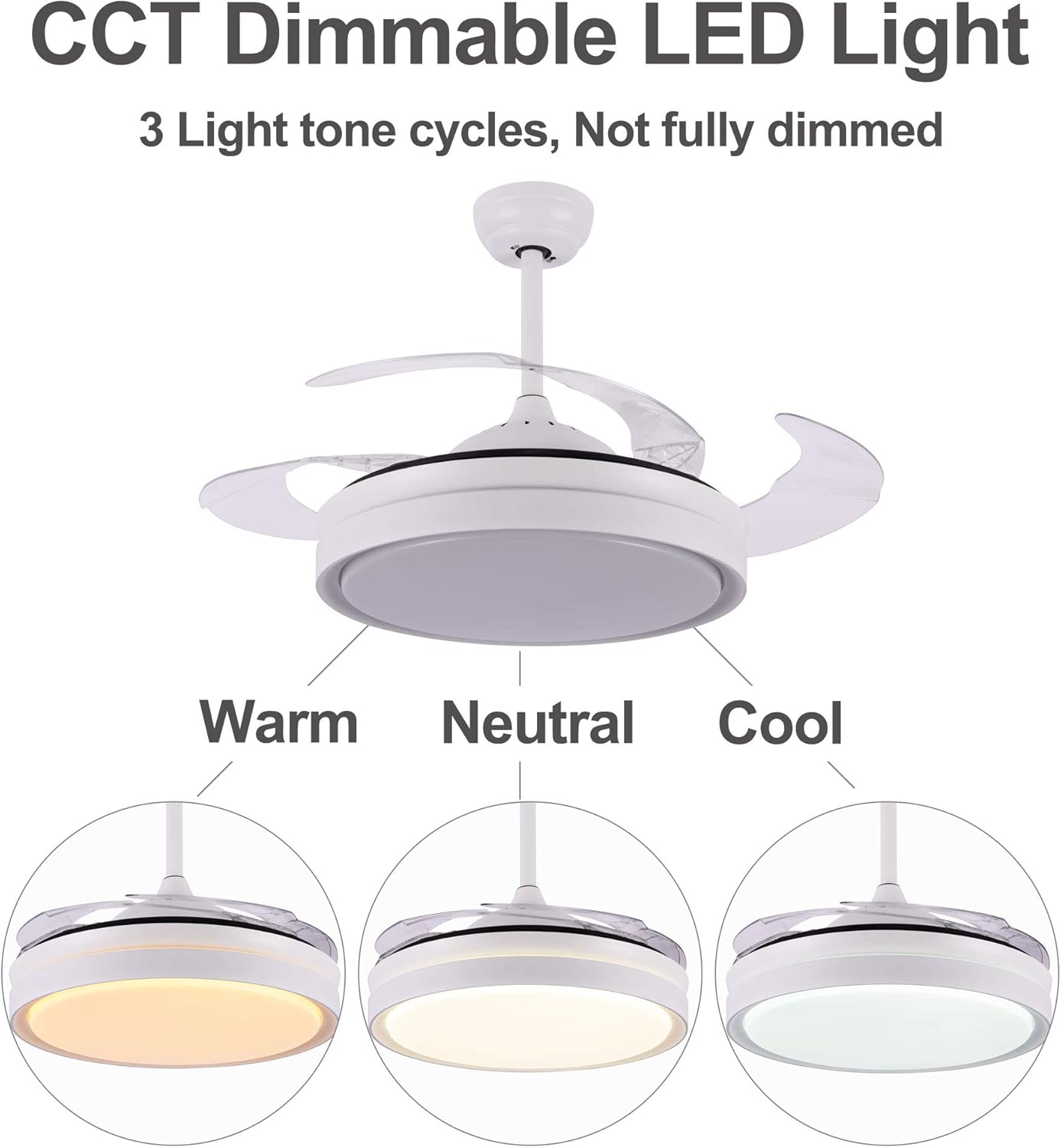 N/A 42’’ Retractable Ceiling Fan with LED Light and Remote Control, Retractable Blades, 3 Color Dimmable Modern Ceiling Fan for Bedroom/Living Room/Dining Room White 42 Inch