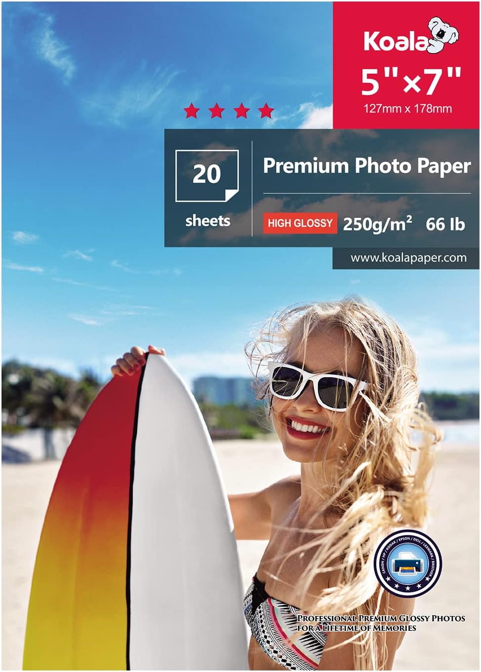 KOALA Glossy Photo Paper 5x7 inch 13x18 cm 250gsm 20 Sheets with Premium High Glossy Advanced Resin Coated for Canon Hp Epson Inkjet Printer