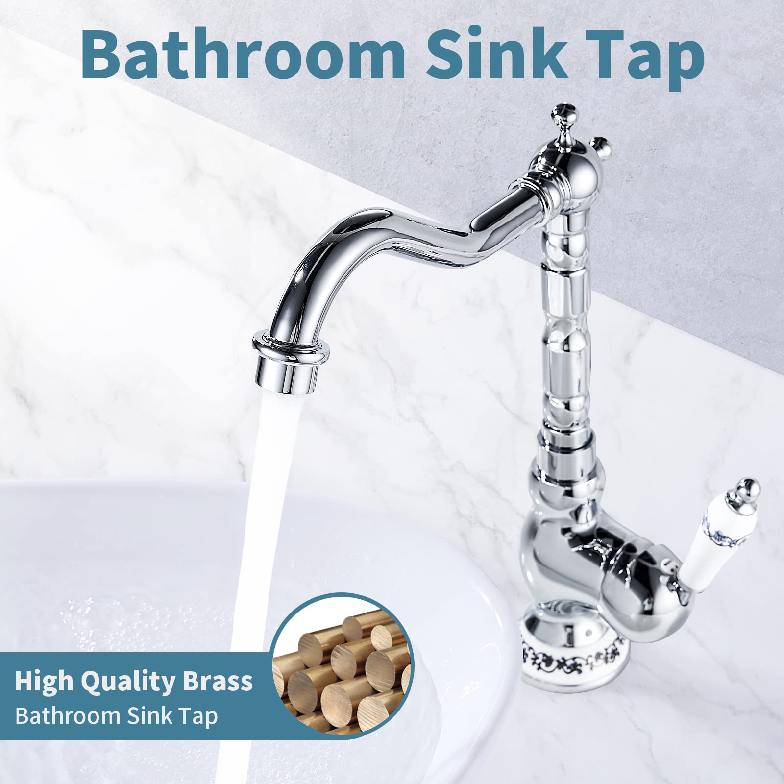 Robinet de Lavabo Rétro, Robinet Salle de Bain en Laiton Chromé, Haut Robinet Mitigeur Lavabo pour Lavabo ou Vasque de Salle Bain, Eau Chaude et Froide Disponible