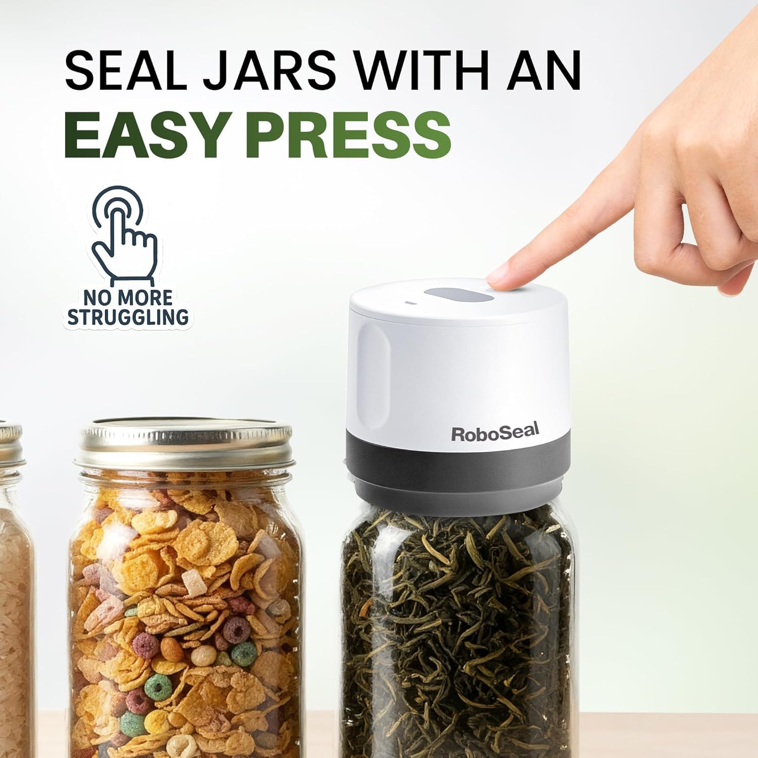 RoboSeal Machine à emballer sous vide rechargeable pour bocaux Mason Jar à ouverture large et régulière, fonctionnement One Touch, 10 couvercles et ouvre-bocaux inclus, indicateur de batterie
