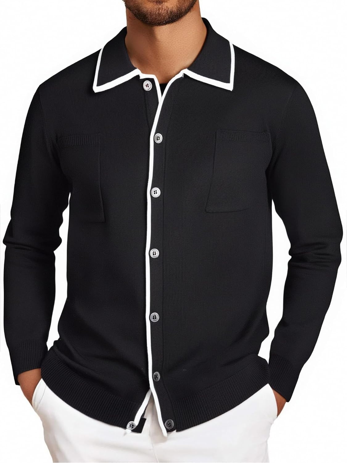 Alex Vando Mens Retro Cardigan Shirts Long Sleeve Two Pockets Knit Casual Button Down Shirts for Men