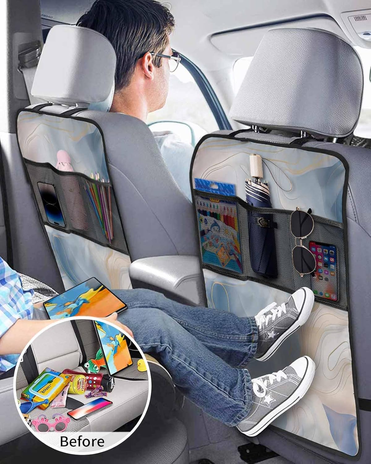 Car Seat Protector, 2 Pack Kick Mats with Organizer - 3 Pocket Storage, Marble with Gold Lines Pink Blue Gradient Texture Back Seat Cover for Kids Universal Fit Automotive Interior Protectors