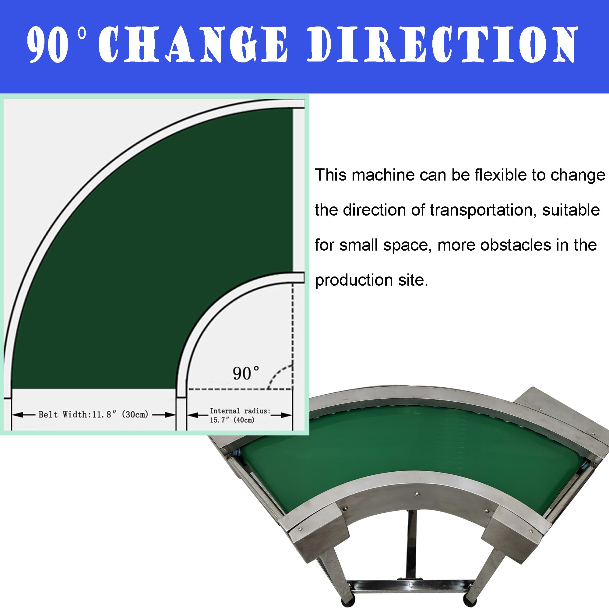 HQHAOTWU 90 °Change Direction Conveyor Flat Curved Conveyor PVC Belt Stainless Steel Frames Belt Conveyor Adjustable Speed 11.8in Width