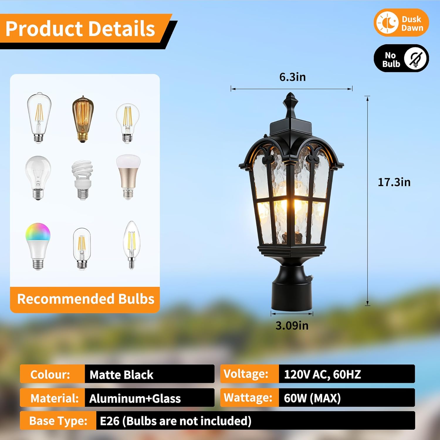 Dawn to Dusk Sensor Outdoor Post Lights Waterproof Post Light Fixture Outdoor Anti-Rust Waterproof Exterior Lamp Post Lighting for Front Door Yard Pathway Driveway Fence